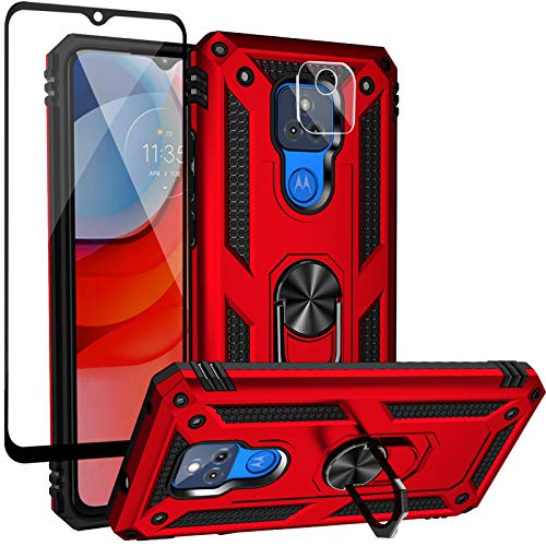 Dretal for Motorola Moto G Play 2021 Case with Tempered Glass Screen Protector and Camera Screen Protector, Military Grade Shockproof Protective Case Cover with Rotating Holder Kickstand (JS-Red)