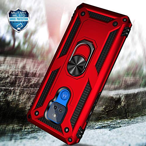 Dretal for Motorola Moto G Play 2021 Case with Tempered Glass Screen Protector and Camera Screen Protector, Military Grade Shockproof Protective Case Cover with Rotating Holder Kickstand (JS-Red)