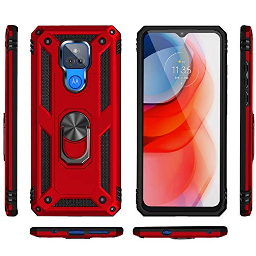 Dretal for Motorola Moto G Play 2021 Case with Tempered Glass Screen Protector and Camera Screen Protector, Military Grade Shockproof Protective Case Cover with Rotating Holder Kickstand (JS-Red)