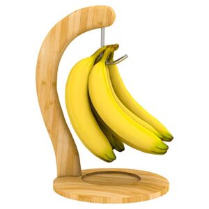 banana hanger bamboo holder stand - sturdy display with hook for home or bar, countertop fruit storage,natural color