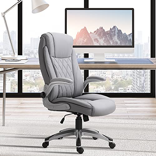 Vinsetto High Back 360° Swivel Ergonomic Home Office Chair with Flip Up Arms, Faux Leather Computer Desk Rocking Chair, Grey