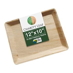 charity leaf disposable palm leaf 12" x 10" trays (10 pieces) bamboo like serving platters, disposable boards, eco-friendly dinnerware for weddings, catering, events