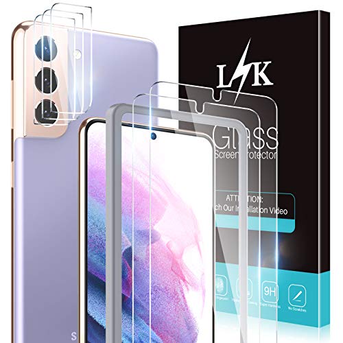 [2+3 Pack] LϟK Designed for Samsung Galaxy S21 5G (Not for S21 Plus), 2 Pack Tempered Glass Screen Protector + 3 Pack Camera Lens Protector, Case Friendly, Installation Tray -Gray