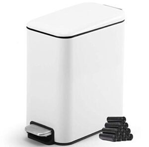 bathroom trash can wastebasket with soft close lid - rectangular slim narrow stainless steel step garbage can for craft room bedroom kitchen office - removable inner bucket 5l/1.3 gal (white)