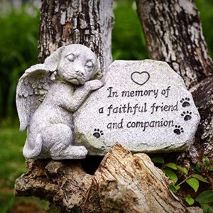 dog memorial stone statue, sleeping dog angel figurine forever in our hearts, dog grave markers outdoor for deceased pet, loss of dog memorial sympathy gifts antique stone finish 8.86 inch