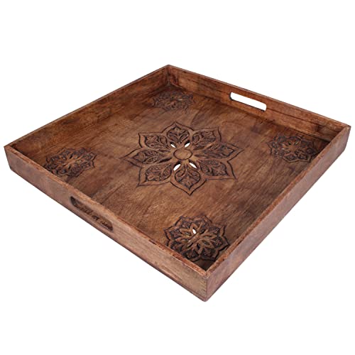 Mela Artisans TV Ottoman Wooden Serving Tray - Medium Polish | Decorative Mango Wood | Rustic Farmhouse Decor | Use to Serve Breakfast in Bed | Transports Food, Coffee and Tea | 19" x 19” x 2.5”