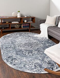 unique loom oxford collection area rug - bodleian (8' x 10' oval, blue/ ivory)