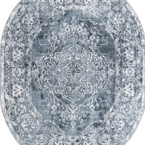 Unique Loom Oxford Collection Area Rug - Bodleian (8' x 10' Oval, Blue/ Ivory)