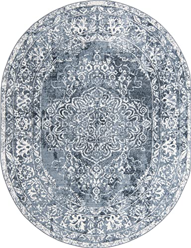 Unique Loom Oxford Collection Area Rug - Bodleian (8' x 10' Oval, Blue/ Ivory)