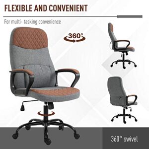 Vinsetto High Back Office Chair with 2-Point Lumbar Massage, USB Power, Faux Leather, and Linen Fabric, Brown and Grey