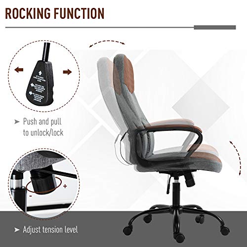 Vinsetto High Back Office Chair with 2-Point Lumbar Massage, USB Power, Faux Leather, and Linen Fabric, Brown and Grey