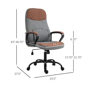 Vinsetto High Back Office Chair with 2-Point Lumbar Massage, USB Power, Faux Leather, and Linen Fabric, Brown and Grey