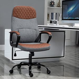 Vinsetto High Back Office Chair with 2-Point Lumbar Massage, USB Power, Faux Leather, and Linen Fabric, Brown and Grey