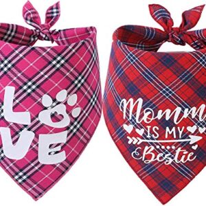 Valentines Day Dog Bandana - Set of 2 Reversible Triangle Bibs Plaid Pet Kerchief Scarf