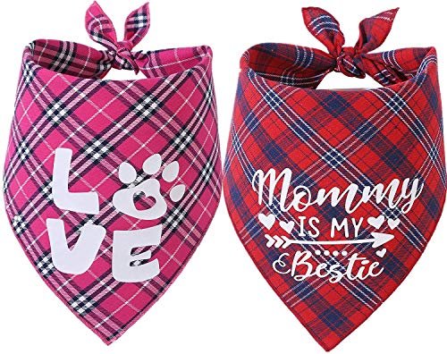 Valentines Day Dog Bandana - Set of 2 Reversible Triangle Bibs Plaid Pet Kerchief Scarf