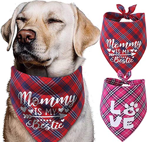 Valentines Day Dog Bandana - Set of 2 Reversible Triangle Bibs Plaid Pet Kerchief Scarf