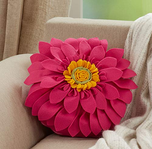 SARO LIFESTYLE Fleur De Jardin Collection Felt Flower Throw Pillow with Poly Filling, 13" x 13", Fuchsia