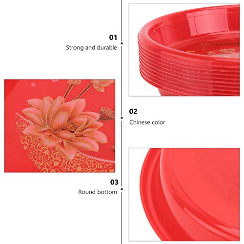 Cabilock 10Pcs Red Round Plastic Trays Plastic Serving Tray Serving Platters Food Tray Decorative Serving Trays Wedding Platter Party Trays Candy Fruit Platters 21cm