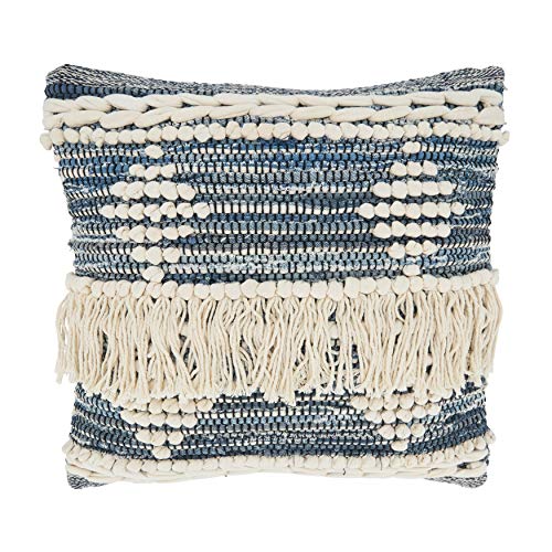 SARO LIFESTYLE Chindi Fringe Throw Pillow Cover, Blue, 18"