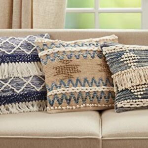 SARO LIFESTYLE Chindi Fringe Throw Pillow Cover, Blue, 18"