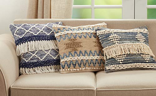 SARO LIFESTYLE Chindi Fringe Throw Pillow Cover, Blue, 18"