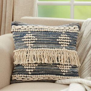 SARO LIFESTYLE Chindi Fringe Throw Pillow Cover, Blue, 18"