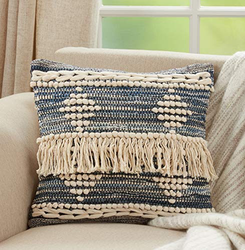 SARO LIFESTYLE Chindi Fringe Throw Pillow Cover, Blue, 18"