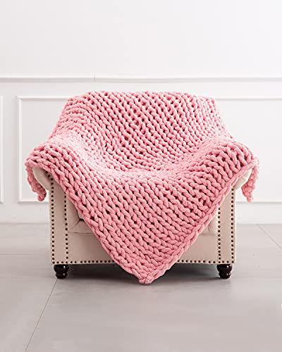 SPAOMY Chunky Knit Blanket Chenille Handmade Throw Blanket Cozy Warm Blanket for Bed Couch Home Decor(60x60 in,Pink)