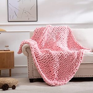 spaomy chunky knit blanket chenille handmade throw blanket cozy warm blanket for bed couch home decor(60x60 in,pink)