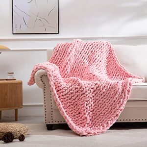 SPAOMY Chunky Knit Blanket Chenille Handmade Throw Blanket Cozy Warm Blanket for Bed Couch Home Decor(60x60 in,Pink)