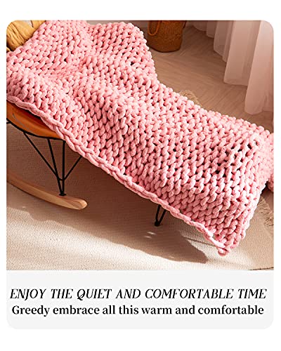 SPAOMY Chunky Knit Blanket Chenille Handmade Throw Blanket Cozy Warm Blanket for Bed Couch Home Decor(60x60 in,Pink)