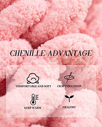 SPAOMY Chunky Knit Blanket Chenille Handmade Throw Blanket Cozy Warm Blanket for Bed Couch Home Decor(60x60 in,Pink)