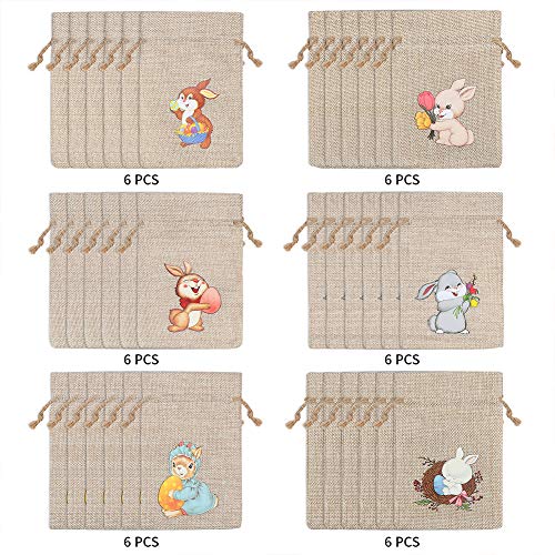 CCINEE 36PCS Easter Burlap Bags with Drawstring,Bunny Burlap Gift Bag Jute Line Goody Bags for Kids Party Favor Supply