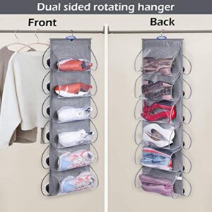 KEETDY 12 Large Clear Pockets Hanging Shoe Organizer Fabric Dual Sided Shoe Holder Rack for Closet Shelves with Roating Hanger for Storage Mens Shoes, Women Handbags, Kids Clothing, Grey