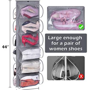 KEETDY 12 Large Clear Pockets Hanging Shoe Organizer Fabric Dual Sided Shoe Holder Rack for Closet Shelves with Roating Hanger for Storage Mens Shoes, Women Handbags, Kids Clothing, Grey