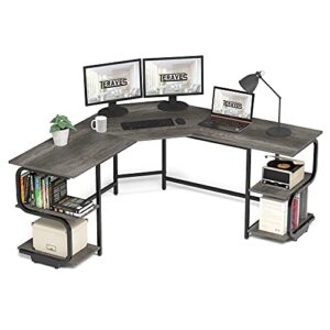 teraves modern l shaped desk with shelves,64.84" computer desk/gaming desk for home office,corner desk with large desktop (black oak+black frame, large+4 tier shelves)