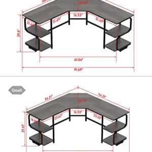 Teraves Modern L Shaped Desk with Shelves,64.84" Computer Desk/Gaming Desk for Home Office,Corner Desk with Large Desktop (Black Oak+Black Frame, Large+4 Tier Shelves)