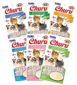 inaba churu lickable purée wet treat for cats - no grains, no preservatives, with added vitamin e and green tea - 6 flavor pack of 24 tubes