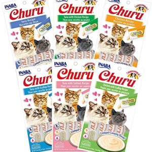 INABA Churu Lickable Purée Wet Treat for Cats - No Grains, No Preservatives, with Added Vitamin E and Green Tea - 6 Flavor Pack of 24 Tubes