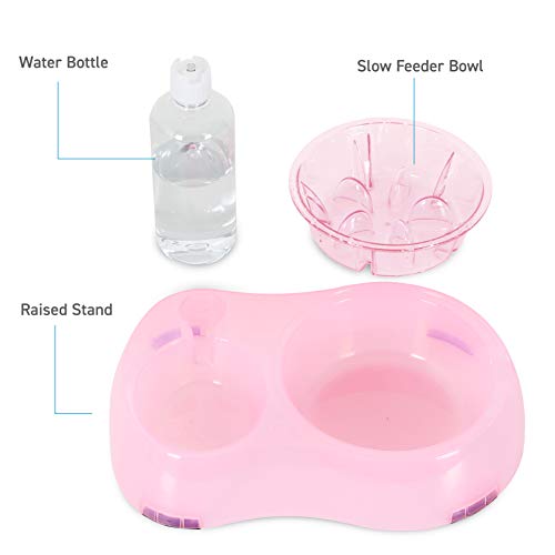 ANYPET Slow Feeder Bowl, Elevated, Double Transparent for Cats, Small Dogs, Pet Automatic Water Feeder with Water Bottle, Pink (APF06P)