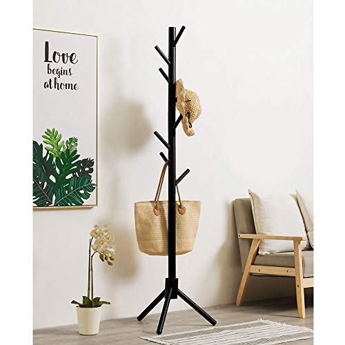 Alotpower Wooden Tree Coat Rack Stand, 3 Adjustable Sizes, 8 Hooks - Super Easy Assembly NO Tools Required - Free Standing Solid Coat Hanger Stand for Clothes, Suits, Accessories (Black)