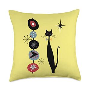 cool cat designs retro mid century modern kitty cat & kabob design throw pillow, 18x18, multicolor