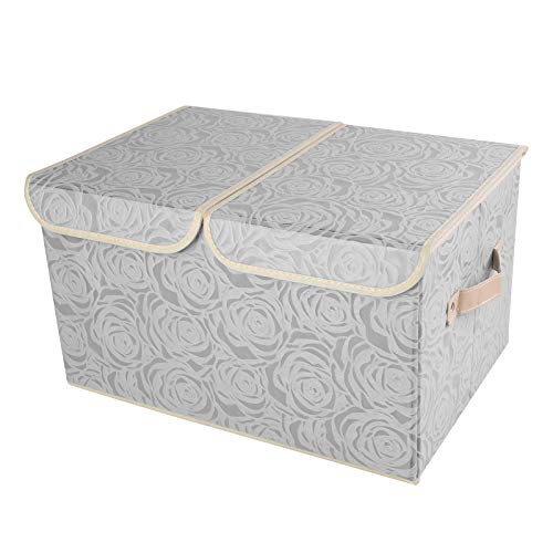 Lucky Monet 1 Pack Rose Pattern Storage Bins with Double Lids and Handles Large Foldable Fabric Organizer Cubes Storage Basket Box Containers (17.3"x11.8"x9.8", Gray)