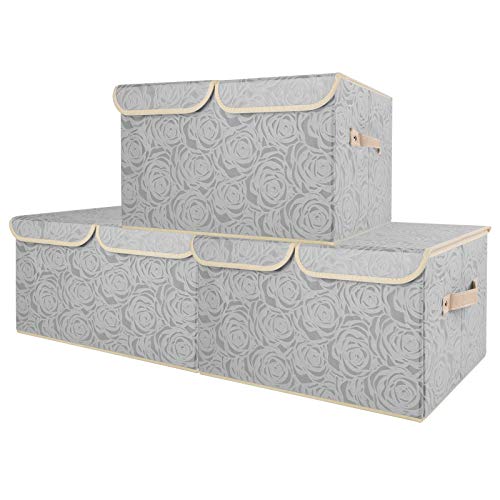 Lucky Monet 1 Pack Rose Pattern Storage Bins with Double Lids and Handles Large Foldable Fabric Organizer Cubes Storage Basket Box Containers (17.3"x11.8"x9.8", Gray)