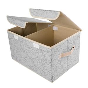 Lucky Monet 1 Pack Rose Pattern Storage Bins with Double Lids and Handles Large Foldable Fabric Organizer Cubes Storage Basket Box Containers (17.3"x11.8"x9.8", Gray)