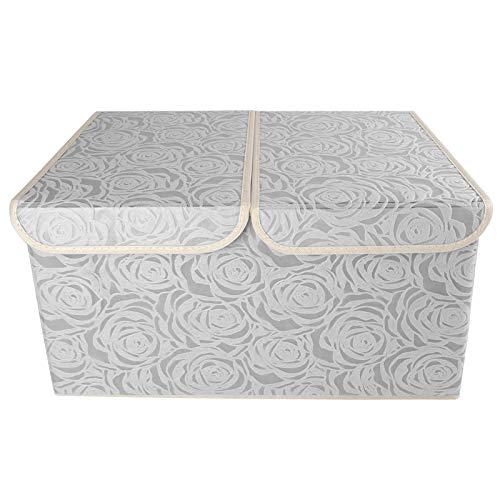 Lucky Monet 1 Pack Rose Pattern Storage Bins with Double Lids and Handles Large Foldable Fabric Organizer Cubes Storage Basket Box Containers (17.3"x11.8"x9.8", Gray)