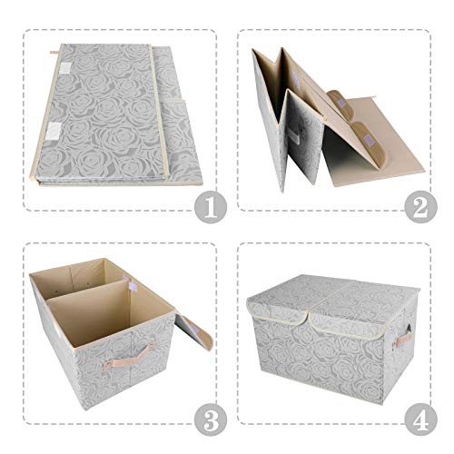 Lucky Monet 1 Pack Rose Pattern Storage Bins with Double Lids and Handles Large Foldable Fabric Organizer Cubes Storage Basket Box Containers (17.3"x11.8"x9.8", Gray)