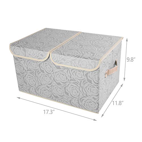 Lucky Monet 1 Pack Rose Pattern Storage Bins with Double Lids and Handles Large Foldable Fabric Organizer Cubes Storage Basket Box Containers (17.3"x11.8"x9.8", Gray)