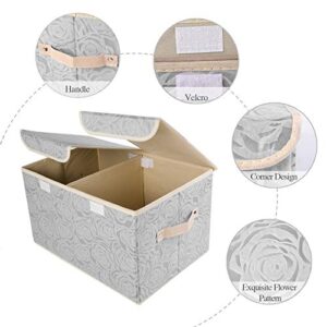 Lucky Monet 1 Pack Rose Pattern Storage Bins with Double Lids and Handles Large Foldable Fabric Organizer Cubes Storage Basket Box Containers (17.3"x11.8"x9.8", Gray)