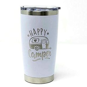 happy camper 20oz coffee tumbler (white), coffee mug for mom, 20 oz stainless steel insulated travel mug with lid